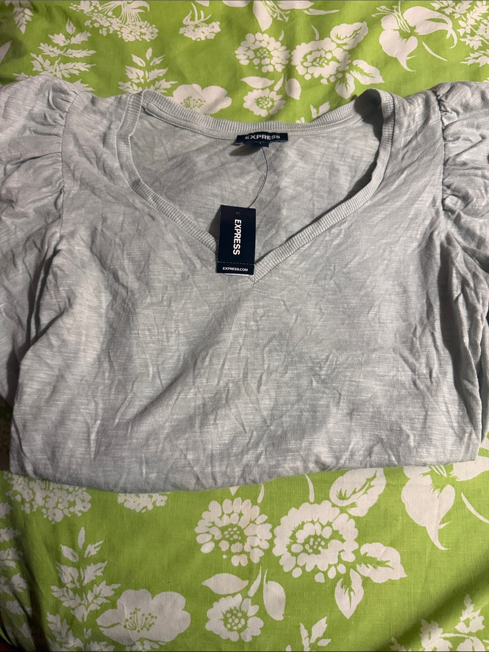 Express Light Gray V-Neck Short Sleeve Tee with Puff Shoulders